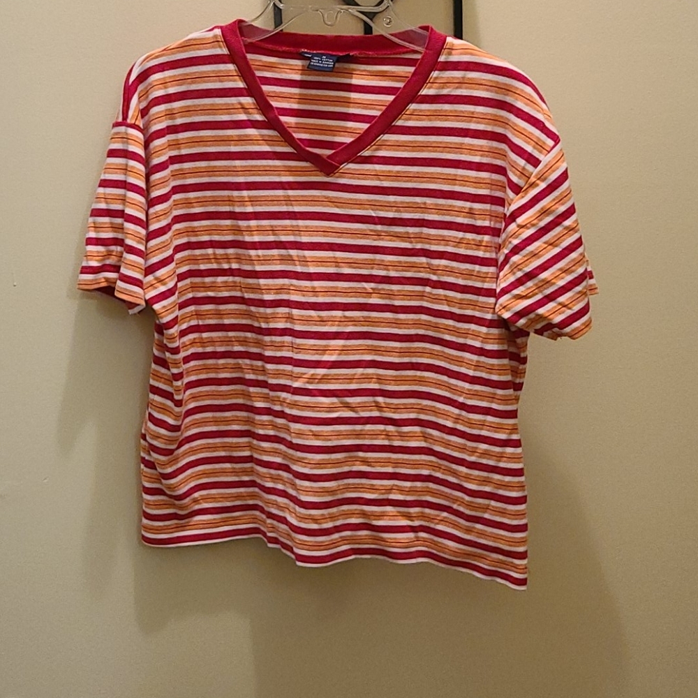 Kim Rogers Orange & Red V-neck Striped Tee
